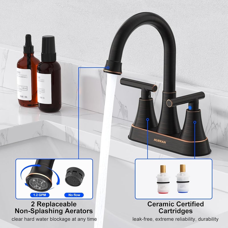 Hurran Bathroom Faucets for Sink 3 Hole, 4 inch Oil Rubbed Bronze Bathroom Sink Faucet with Pop-up Drain and Supply Hoses, Stainless Steel Lead-Free Centerset Faucets for Vanity RV, 2 Pack - Image 4